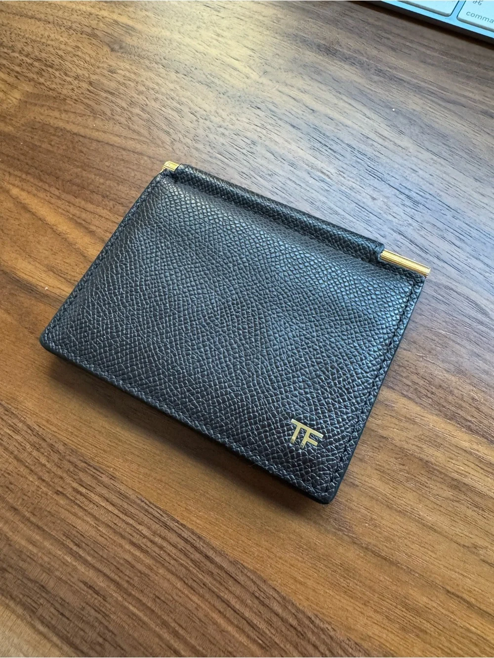 Tom Ford Dark Brown Leather Money Clip Wallet with Gold Accents
